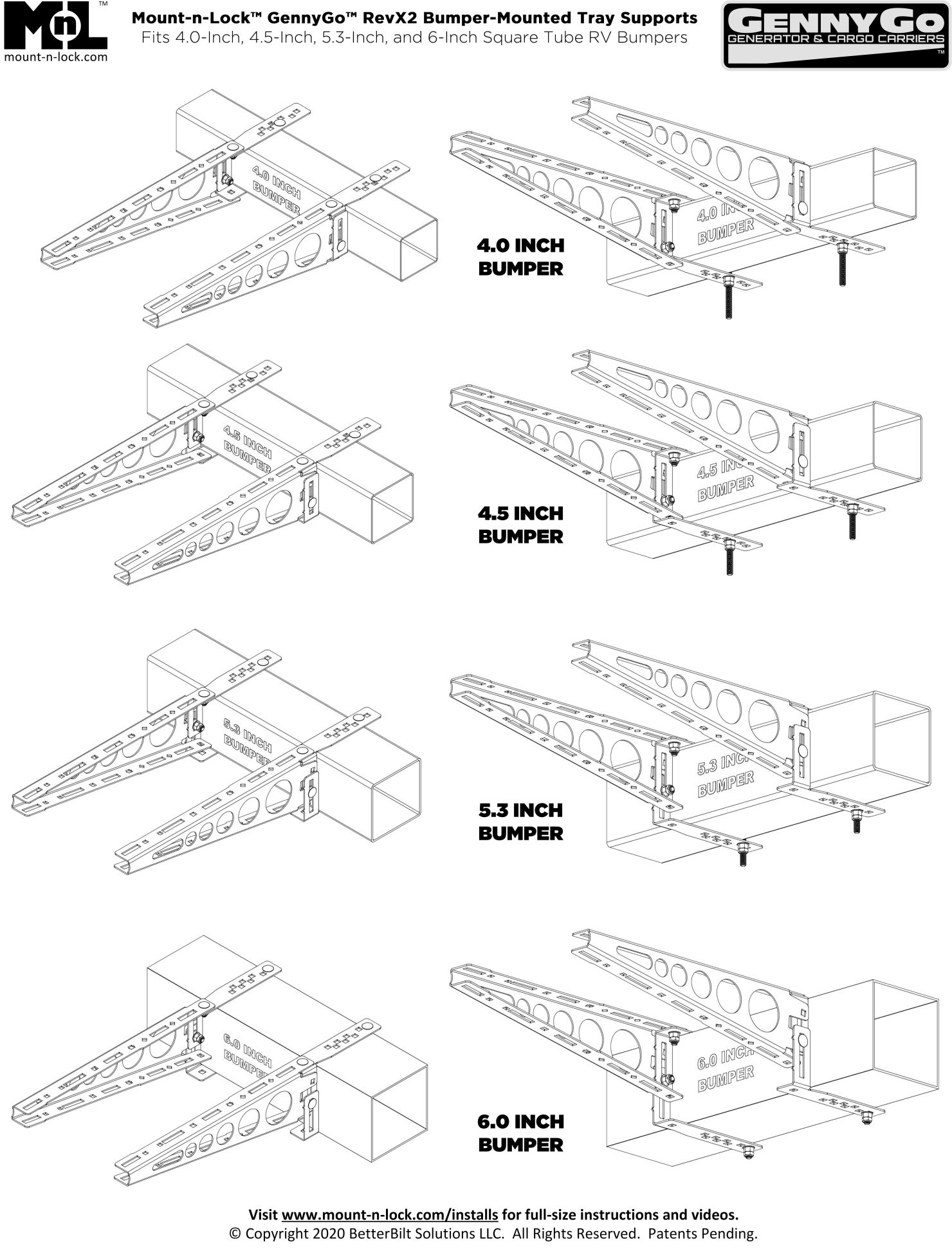 These Strong, Stable, and Versatile RV Cargo Box Support Arms Fit 4.0, 4.5, 5.3, and 6.0-Inch Square Bumpers Innovative Adjustable 2-Piece Bracket Fits Many Bumper Sizes: 4.0, 4.5, 5.3, and 6.0 Inch and More Easily Mount Your Favorite Cargo Box or Toolbox to Your RV Bumper; Cut to Desired Length Use Multiple Sets of These Steel Cargo Carrier Support Arms To Carry More Weight Each Set of Supports Carries 200 Pound-Feet when Rigidly Mounted to Box or Tray Made in USA Using High Quality Metals, Treatments and Coatings Which Resist Rust & Look Great